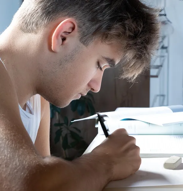 teenager, student, studying, writing, focused, concentration, school,