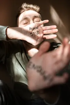 A young man covering his face with hands, displaying messages of distress