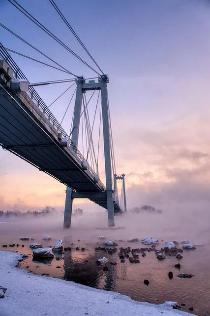 bridge, winter, frost, fog, morning, yenisei, city, krasnoyarsk, river,