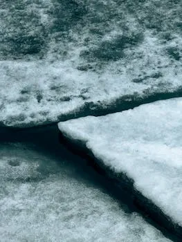 A detailed view of cracked ice formations floating on water, showcasing