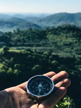 A handheld compass over majestic green mountains under blue skies, ideal for