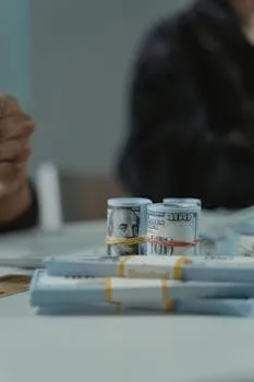 Close-up of rolled and stacked US hundred dollar bills on a table, perfect