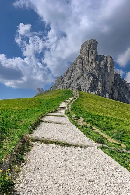 path, mountain, nature, landscape, trail, hill, field, clouds, sky