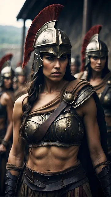 ancient spartan warrior woman, military battle scene, sparta