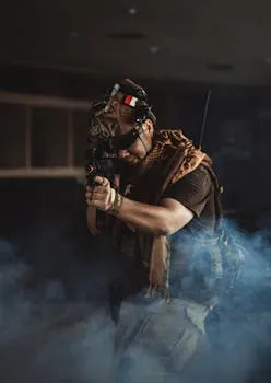 A soldier in tactical gear holding a rifle amid smoke indoors, ready for action.