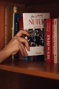 Anonymous person putting red paper book in hardcover on shelf in wooden