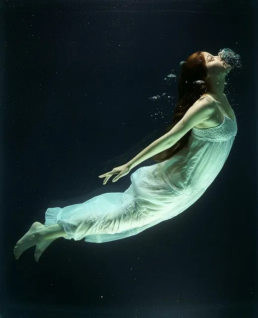 under water, fashion, woman, underwater, diving, exhaling, water, water