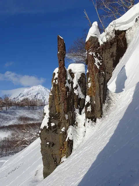 rocks, outliers, pillars, snow, winter, cold, ice, mountain, volcano,