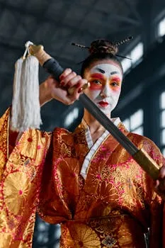 Close-up of a Geisha in traditional attire, poised with a sword.