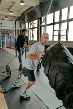 Two men exercising in gym with prosthetic leg and tire, showcasing