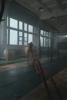 A man engaged in a rigorous workout using battle ropes in a dimly lit gym
