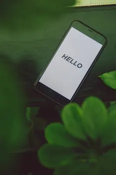 Smartphone displaying 'Hello' surrounded by lush green leaves, blending