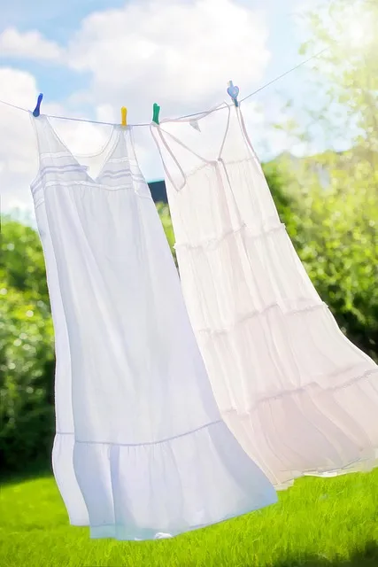 Laundry drying on a clothesline outdoors in warm sunshine