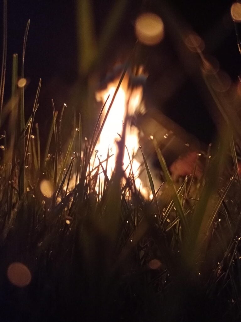 Embers glowing in a night camp