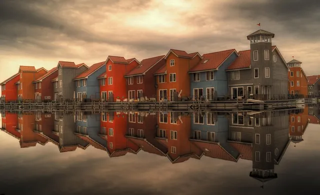 row houses, serial houses, houses, reflection, architecture, homes,