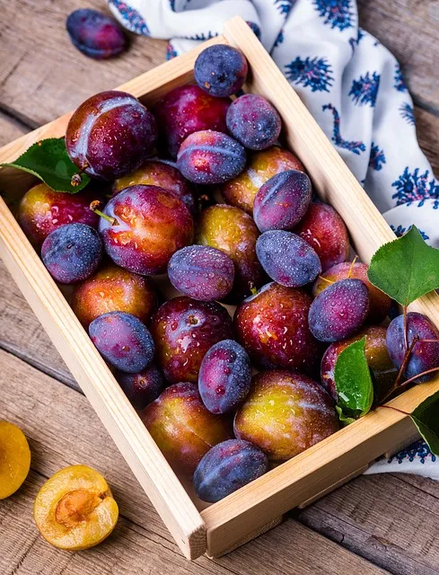 plums, box, apricots, fruits, fruit box, fresh, ripe, harvest, produce,