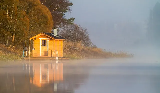 sauna raft, sauna, river, woods