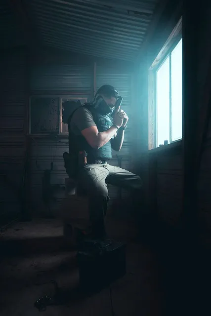 officer, handgun, room, military, armed, soldier, mask, bulletproof vest,