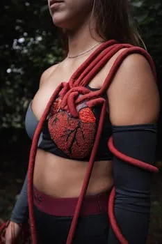 Artistic portrait of a woman featuring a unique heart design accessory,