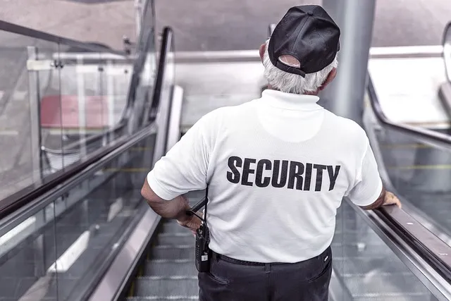security, man, escalator, police, guard, officer, surveillance, control,