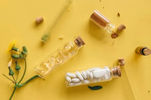 Top view of medicinal herbs, pills, and powders in bottles against a vibrant