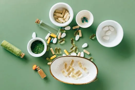 Top view of various herbal and pharmaceutical supplements in ceramic bowls