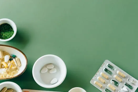 A flat lay of assorted pills and herbs on a green background emphasizing