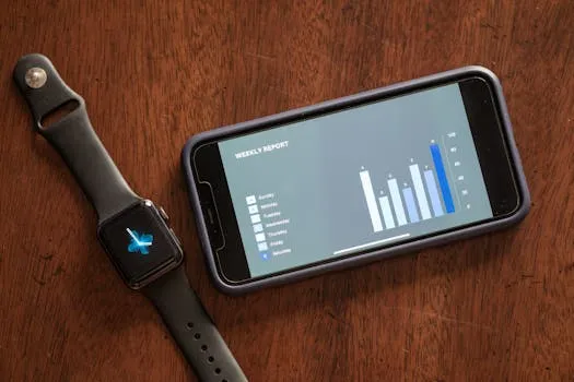 Close-up of a smartphone and smartwatch displaying a weekly report on a