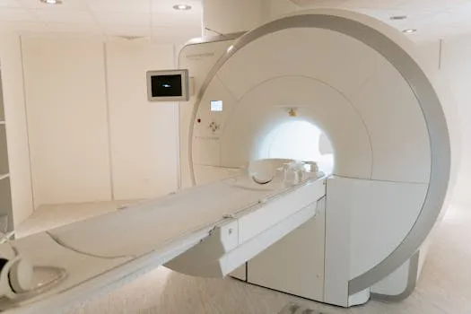 A state-of-the-art MRI scanner in a well-lit hospital room, ready for