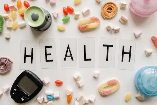 Creative flat lay with sweets around a HEALTH text and monitoring device,