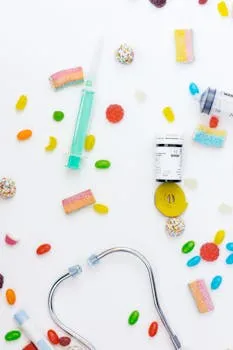 A flat lay of medical items and candies, highlighting sweet temptation and