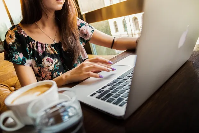 woman, laptop, desk, workspace, macbook, technology, work, working, coffee