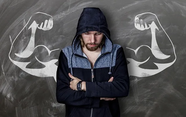 man, board, drawing, muscles, strong, weak, chalk, disappointment, biceps,