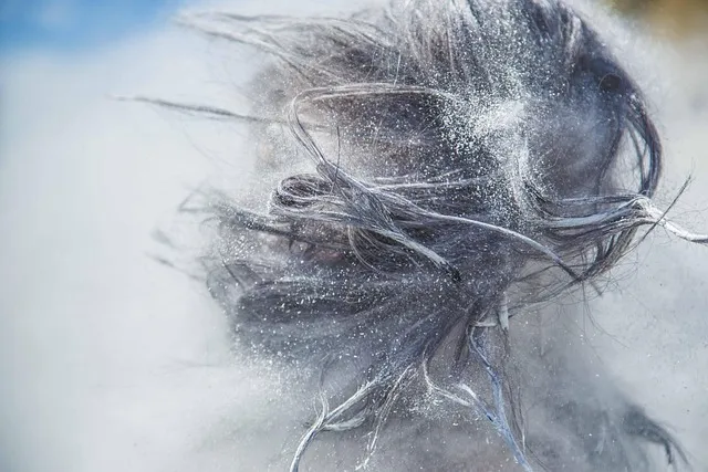 art, flour, hair, movement, powder, shaking, whip, white, blue art, blue