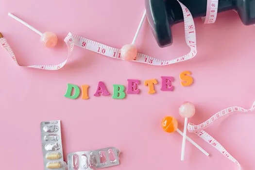 Creative flat lay display of diabetes-related items with a pink backdrop.