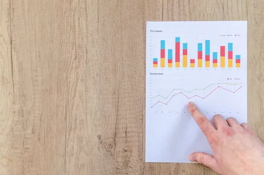 Hand analyzing business graphs on a wooden desk, focusing on data results