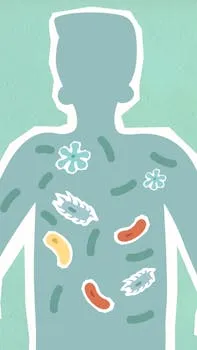 Illustration depicting microbiome within a human silhouette on a textured
