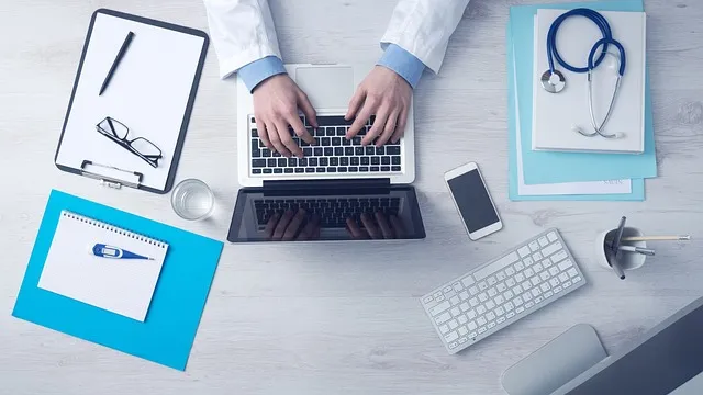 computer, business, typing, keyboard, laptop, doctor, medical care, desk,