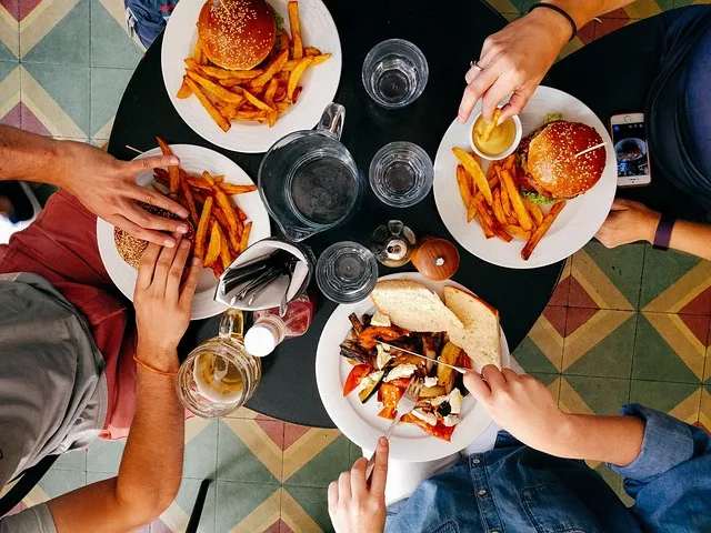 people, food, restaurant, dine, men, women, friends, together, eating,