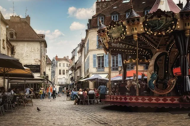 carousel, old town, urban, dijon, france, street, pedestrian zone, people,
