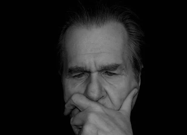 think, mental work, man, face, black, white, eyes, nose, hand, prop up,