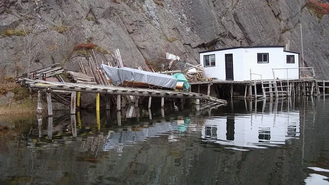 cabin, dock, reflection, fishing, gut, gray fish, gray fishing
