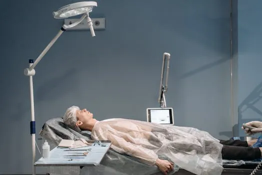 Patient in operating room with modern medical equipment during a procedure.