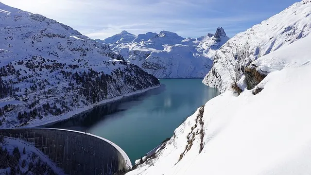 reservoir, mountain, lake, nature, panorama, winter, snow, landscape