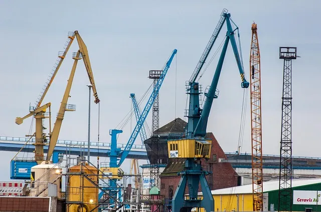 cranes, industry, crane system, port, logistics, technology, yellow, blue,